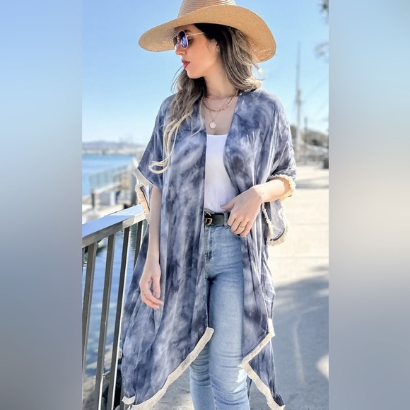 Blue-Gray Tie-Dye Kimono Cardigan Fringe Trim - Picture 3 of 6